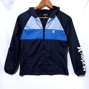 Hurley Colorblock Windbreaker Boys M 10-12Yrs Hooded Full Zip‎ Jacket Black Blue